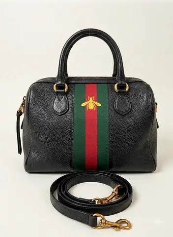GUCCI Style Black leather handbag with green-red stripe and bee emblem, includes strap
