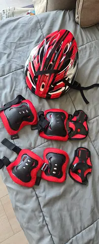 Kids Bicycle Helmet + Knee and Elbow Pads Set - Red/Black