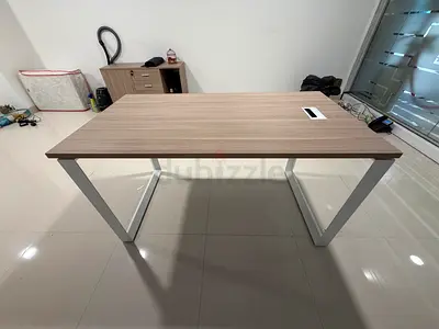 My large oak-effect office desk with white metal legs