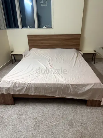 Queen wooden bed frame with headboard and mattress (used)