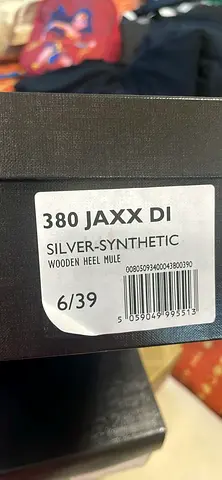 Silver Synthetic Wooden Heel Mules - Size 39 (Label: 380 Jaxx DI) DUNE