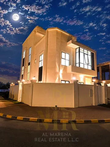 Luxury corner villa for sale in Al Zahia | 6 master bedrooms + roof terrace | Land area 2,150 ft² | Built-up area 3,690 ft² | Majlis, living room, and