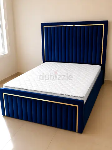 New Blue Velvet Bed Frame with Gold Trim - Queen Size