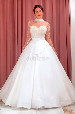 Elegant Pearl Embellished White Wedding Gown