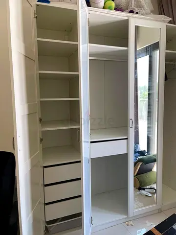 White 4-Door Wardrobe with Mirror and Shelves - Good Condition