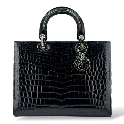 Christian Dior Black Shiny Niloticus Crocodile Large Lady Dior Bag