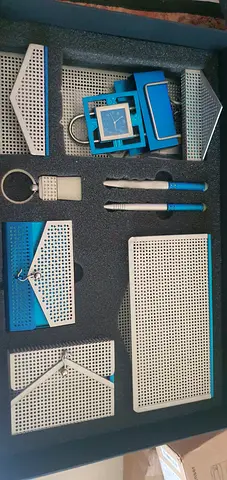 Elegant 9-piece executive office desk set in a modern blue and silver design.