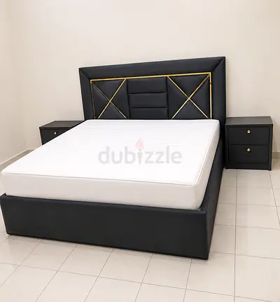New Dark Grey Upholstered King Bed with Headboard and Matching Nightstands