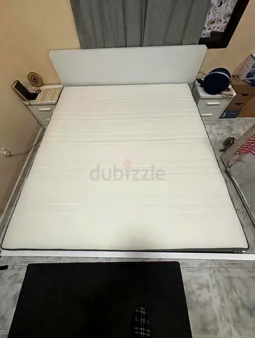 Queen bed frame with mattress and two commode - good condition