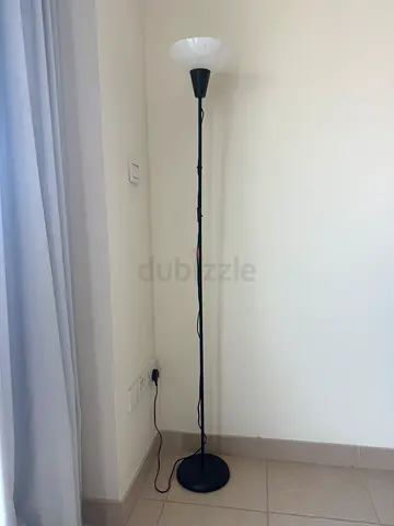 Tall black floor lamp with white shade - good condition