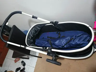 Used Bassinet Pram Stroller - White Frame, Navy Fabric