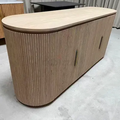 Custom Made Fluted Sideboard Cabinet with Rounded Corners – Modern Ribbed Wooden Storage Console wit