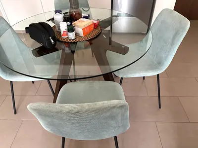 Glass Top Dining Table with 4 Upholstered Chairs