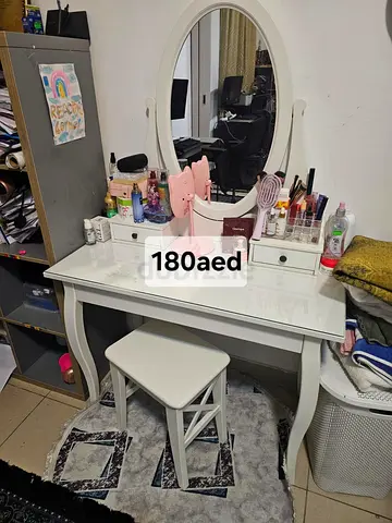 White Vanity Dressing Table with Mirror and Stool - Good Condition