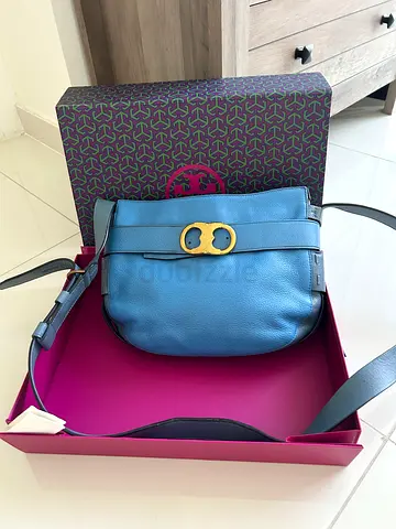 Tory Burch Blue Leather Crossbody Bag with Gold Buckle