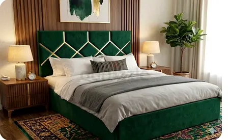 Green Velvet King Family Bed with Upholstered Headboard Brand New