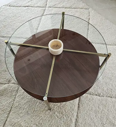 Round Glass Top Coffee Table with Wood Shelf and Brass Frame