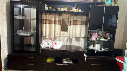Dark Wood Entertainment TV Unit with Glass Display Cabinets
