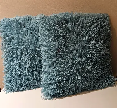 Pair of Blue Shaggy Decorative Throw Cushions - Soft Plush