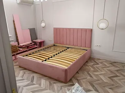 Pink Upholstered Double Bed Frame with Padded Headboard