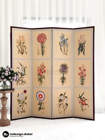FOUR PANELED BOTANICAL SILK ROOM DIVIDER or floral flower mural painting or decor screen backdrop