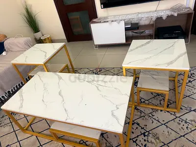 3-piece White Marble Effect Coffee  Side Table Set with Gold Frame