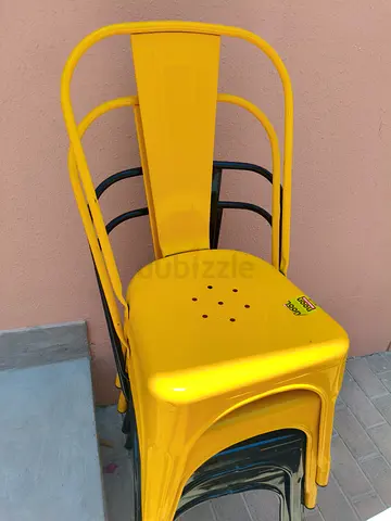 Set of 4 Yellow/Black Metal Stackable Chairs - Good Condition