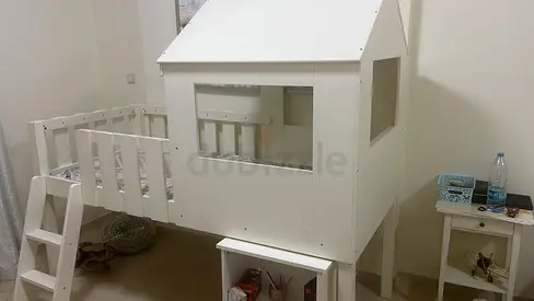 White Wooden Playhouse Style Bed with Ladder