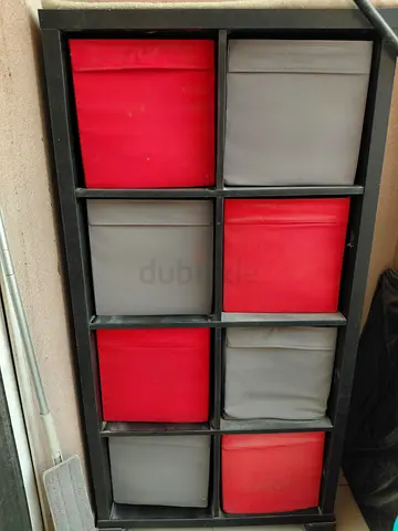 Tall 9-Cube Storage Shelf with Red  Grey Fabric Bins - Good Condition