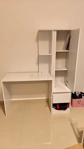 White Desk with Tall Storage Cabinet - Compact Study Unit