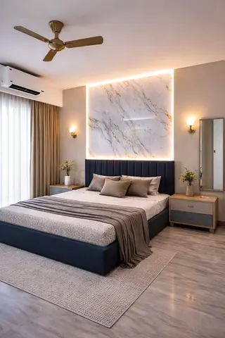 Brand New King Size Bed Frame With Panel Line Headboard. Stylish Fabric Bed Frame For Sale