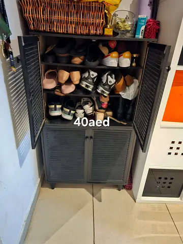 Wooden Shoe Cabinet with Shutter Doors - Compact Storage (40 AED)