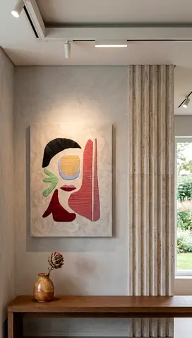 Abstract textile wall art — framed fabric collage
