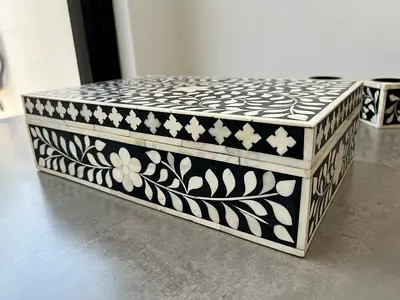 Beautiful Floral Bone Inlay Box in Black White