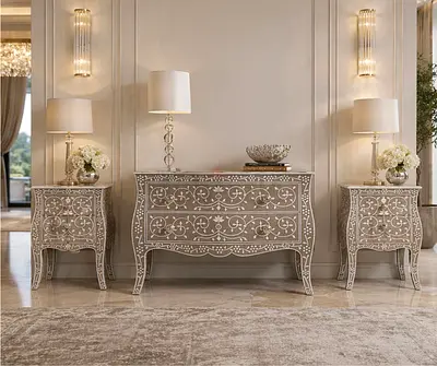 RARE LIKE NEW SIRHI DRESSER CHEST AND TWO NIGHTSTANDS THE ONE LUXURY PEARL INLAY CONSOLE MARINA