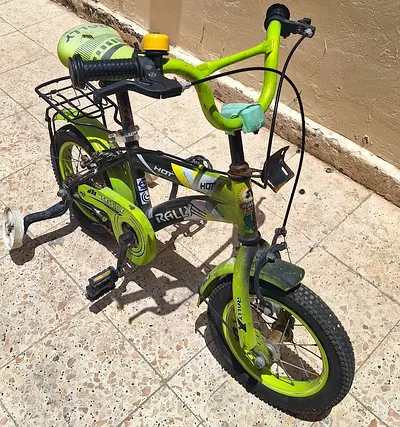 Kids 12-inch Green Rally Bicycle with Training Wheels and Rear Rack