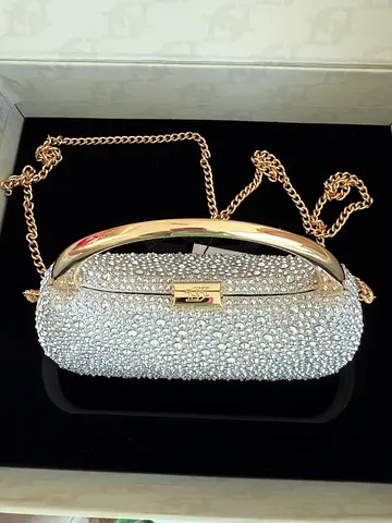 Dune silver crystal evening clutch bag with box