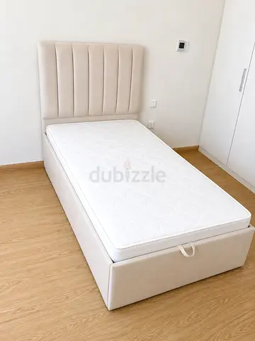 New Single Bed Frame with Mattress - Beige Upholstered,