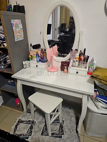 IKEA White Dressing Table with Oval Mirror and Stool