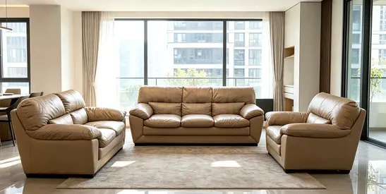 Genuine Leather 3-Piece Sofa Set — Beige, Good Condition
