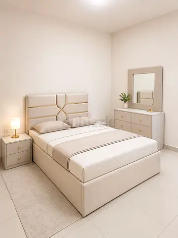 New Beige Upholstered Bed Frame with Matching Nightstand and Dresser - Set