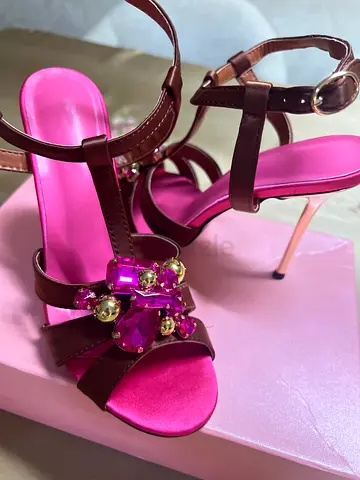 Pink satin and brown strappy high heel sandals with jewel detail
