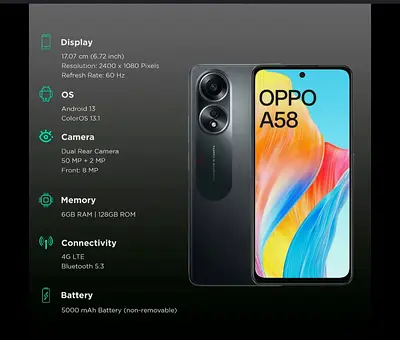 OPPO A58 – 6GB RAM, 128GB, 50MP dual camera, 5000mAh ( New Condition Good Running never opened work