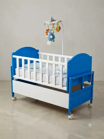 Blue Wooden Baby Crib with Mobile and Storage Drawer