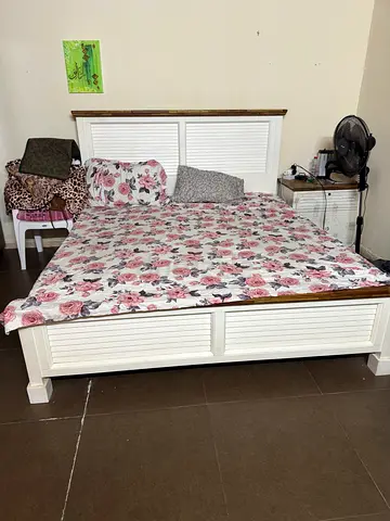 White Wooden Double Bed Frame with Headboard and Footboard - Good Condition