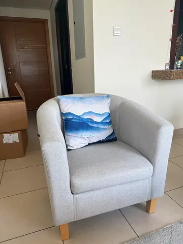 Light grey fabric armchair with wooden legs - excellent condition