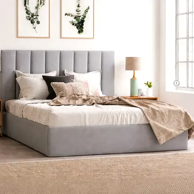 Nee Grey Upholstered Platform Bed with Padded Headboard - Queen