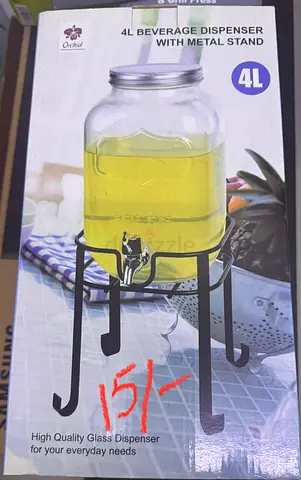 4L Glass Beverage Dispenser with Metal Stand - Good Condition