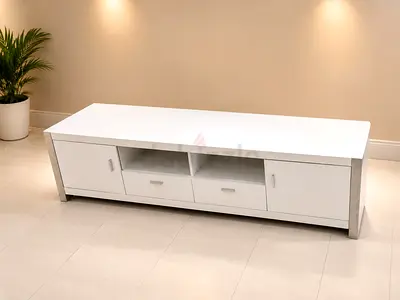Modern White TV Unit with Storage Drawers and Cabinets