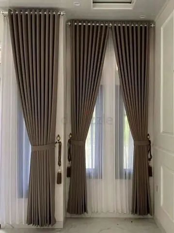 Pair of Grey Floor-Length Curtain Panels with Sheer Liners